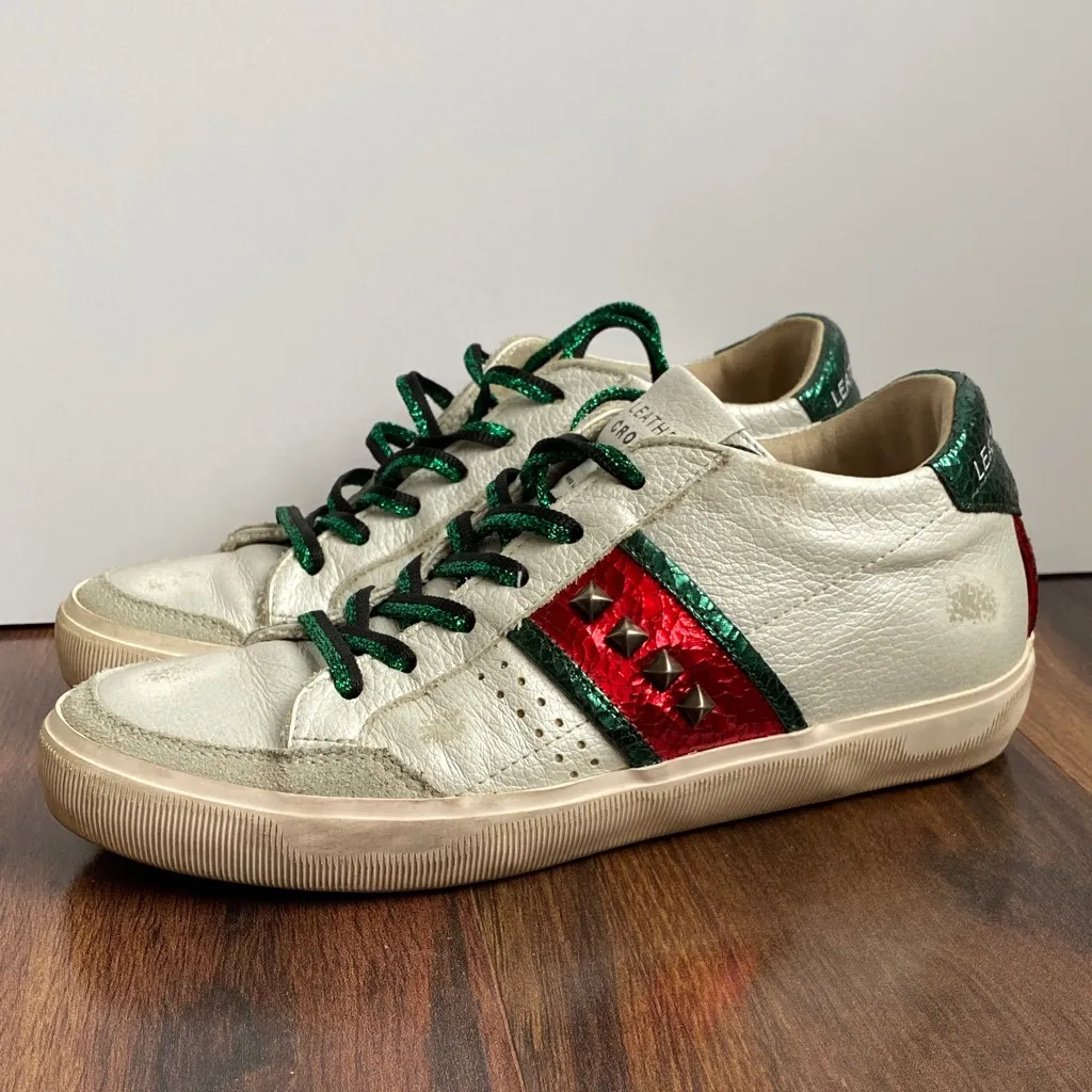 Leather Crown Distressed Low Studded Sneaker Glitter Green and Red Italy 2009 White Size 6 - Image 2