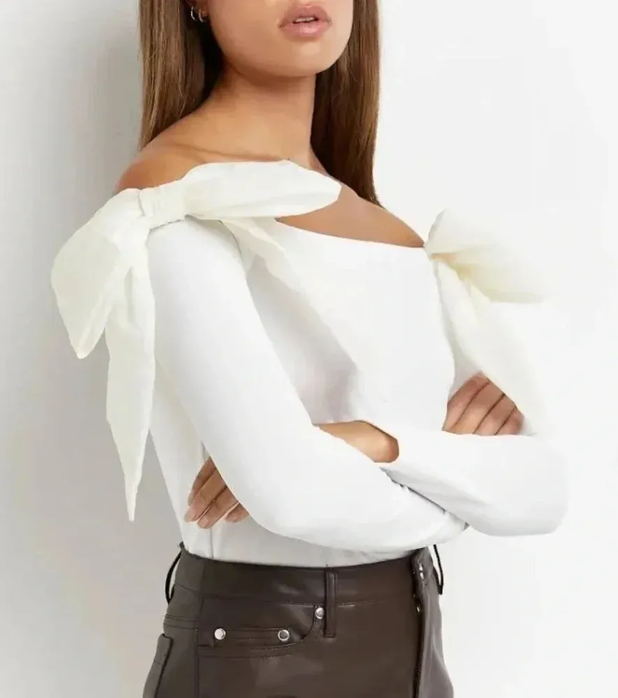 River Island off shoulder bows top scuba long sleeve blouse coquette ASOS - Image 1