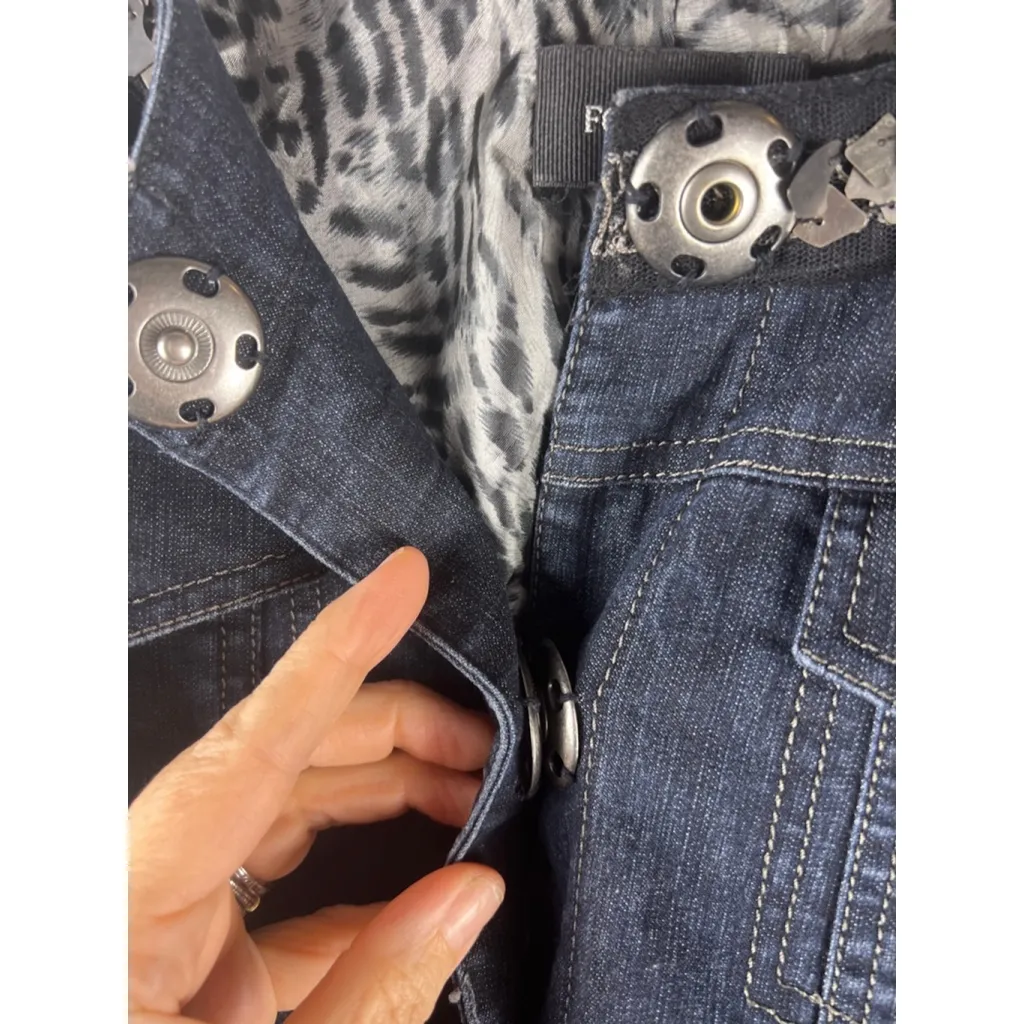 Focus 2000 Denim Jacket Womens 10 Embellished Collar Snap Button Stretch Blue - Image 3