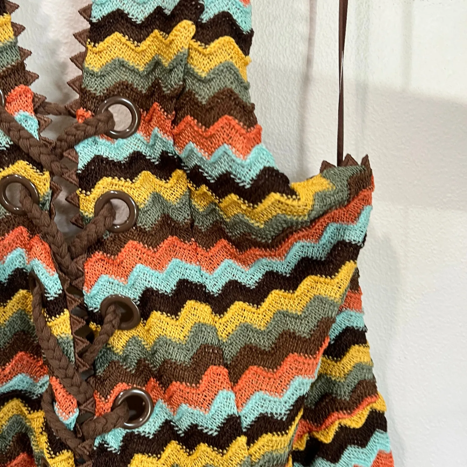 FashionNova Kaui Crochet Halter Romper Multicolor Knit Festival Boho Summer Sz M Brown Size M - Image 10