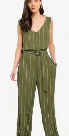 olive green stripes romper S jumpsuit belt - Image 2