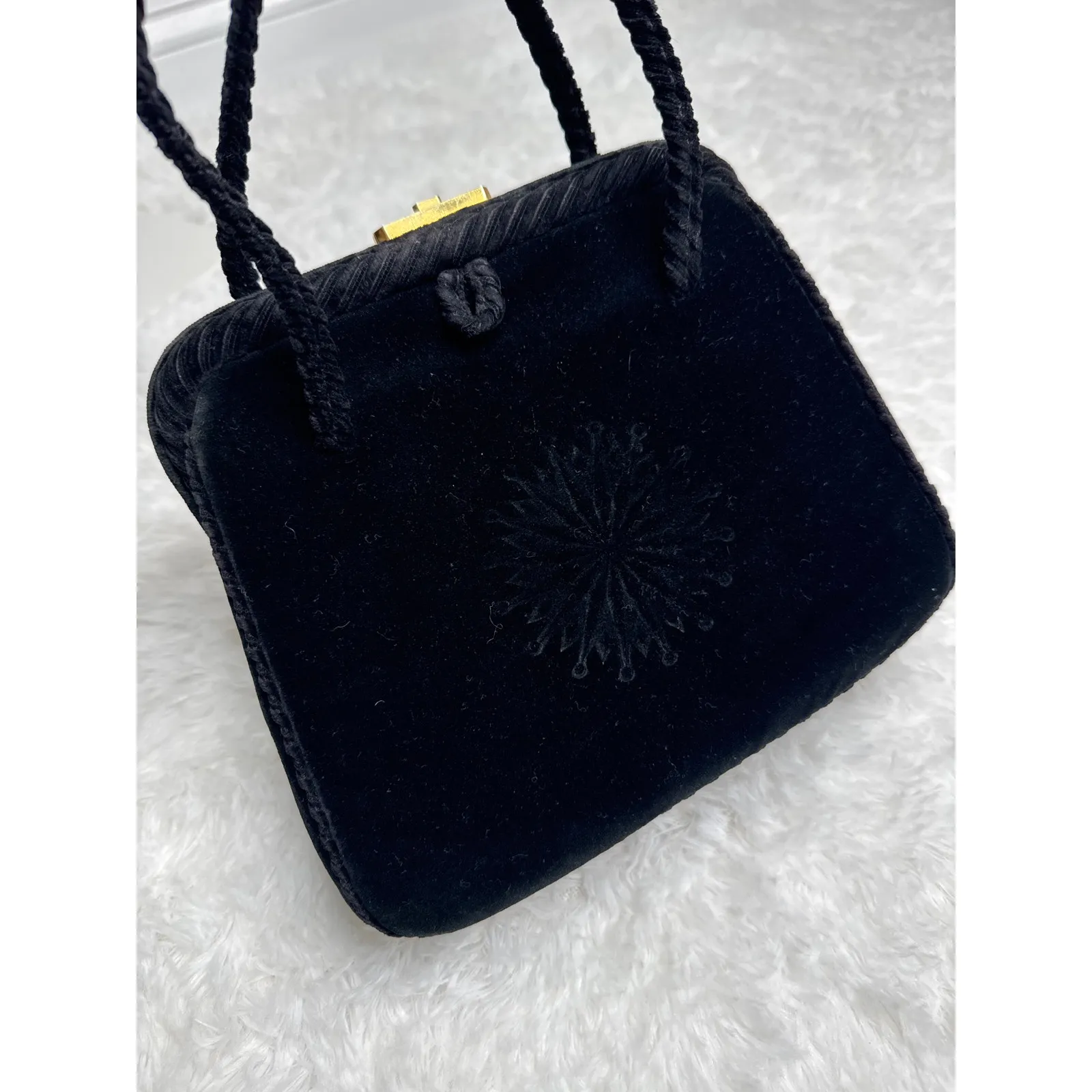 OOAK 1950s Black Velvet Evening Bag w/ Starburst Embossed brass lock top handle - Image 13