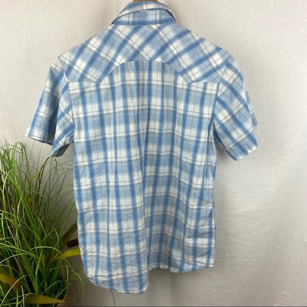 Levi’s Blue & White Plaid Gingham Pearl Snap Short Sleeve Button Western Shirt S - Image 2