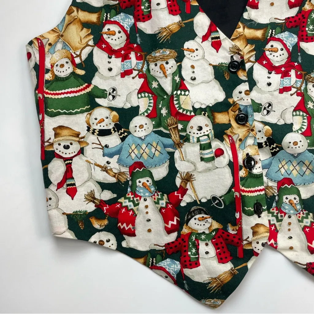 Vintage 90s Holiday Vest Winter Christmas‎ Snowman Women Cotton Print Green Size M - Image 5