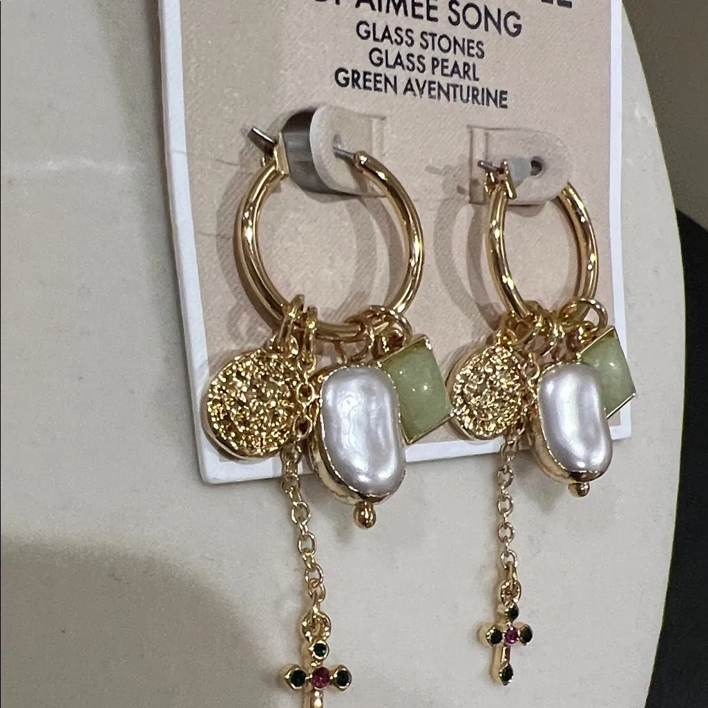 Song of Style Gold and Cream Earrings with Green Accents - Image 4