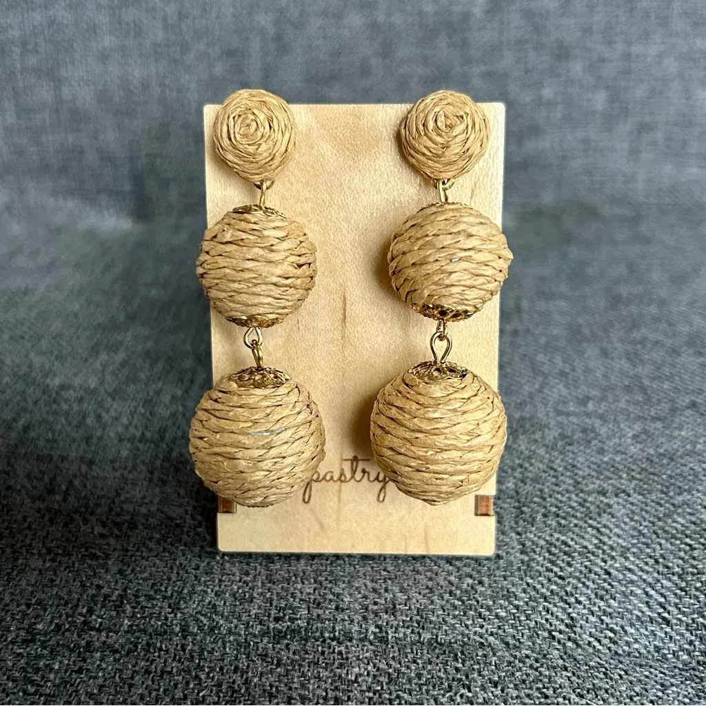 Rattan Covered, Dangling Drop Sphere Stud Earrings, Tan, Gold Tan - Image 2