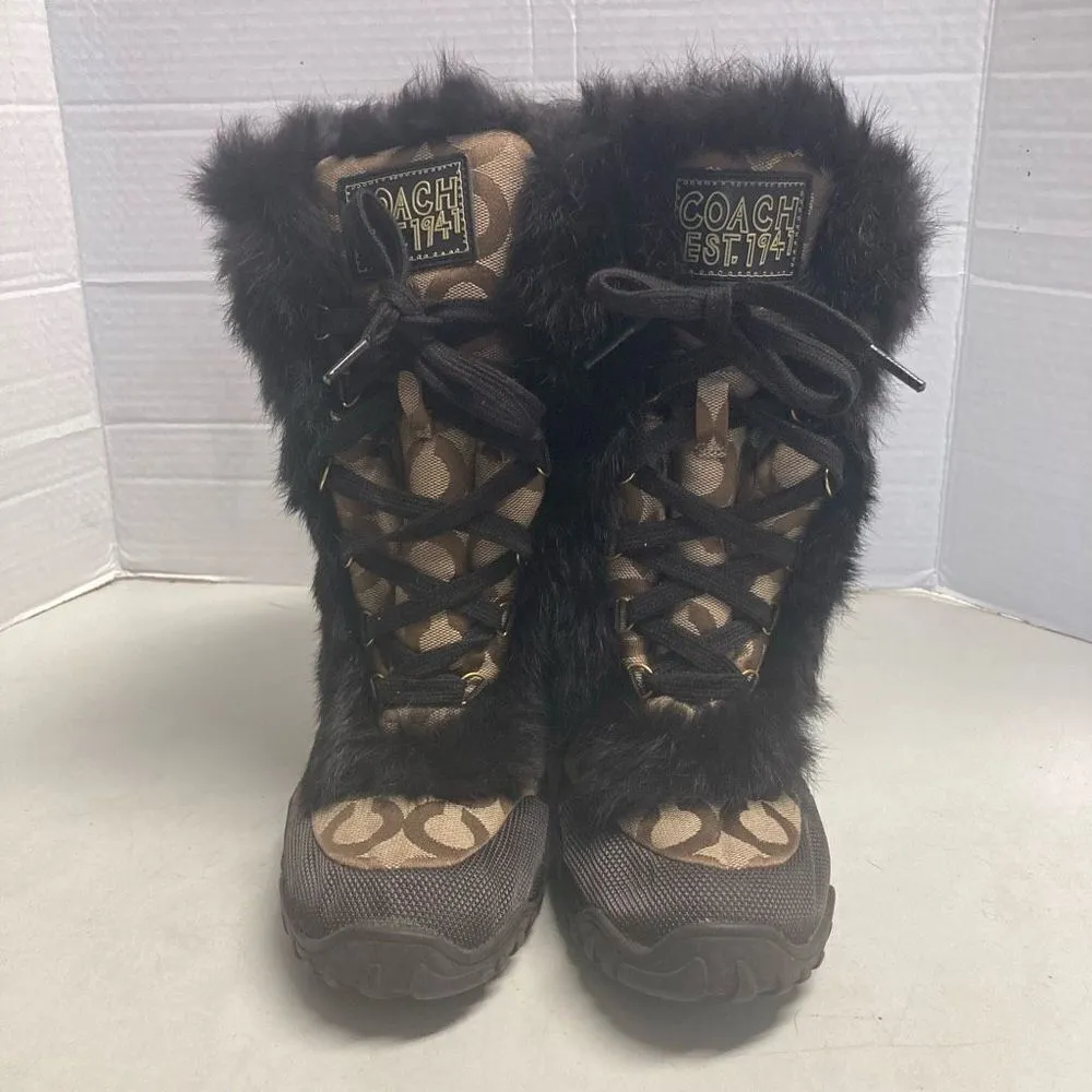 COACH Jeannie Signature Fur Lined Boots Size 7B Mid Calf Brown & Black Size 7B - Image 9