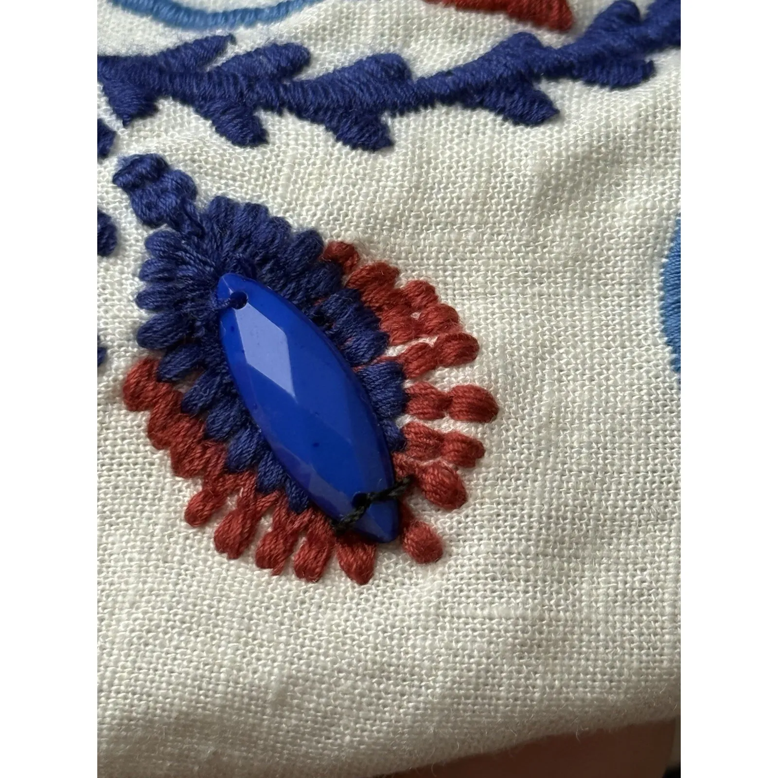 NWT FARM Rio Puff Sleeve Dress Medium Off White Navy Embroidery Boho Linen - Image 14