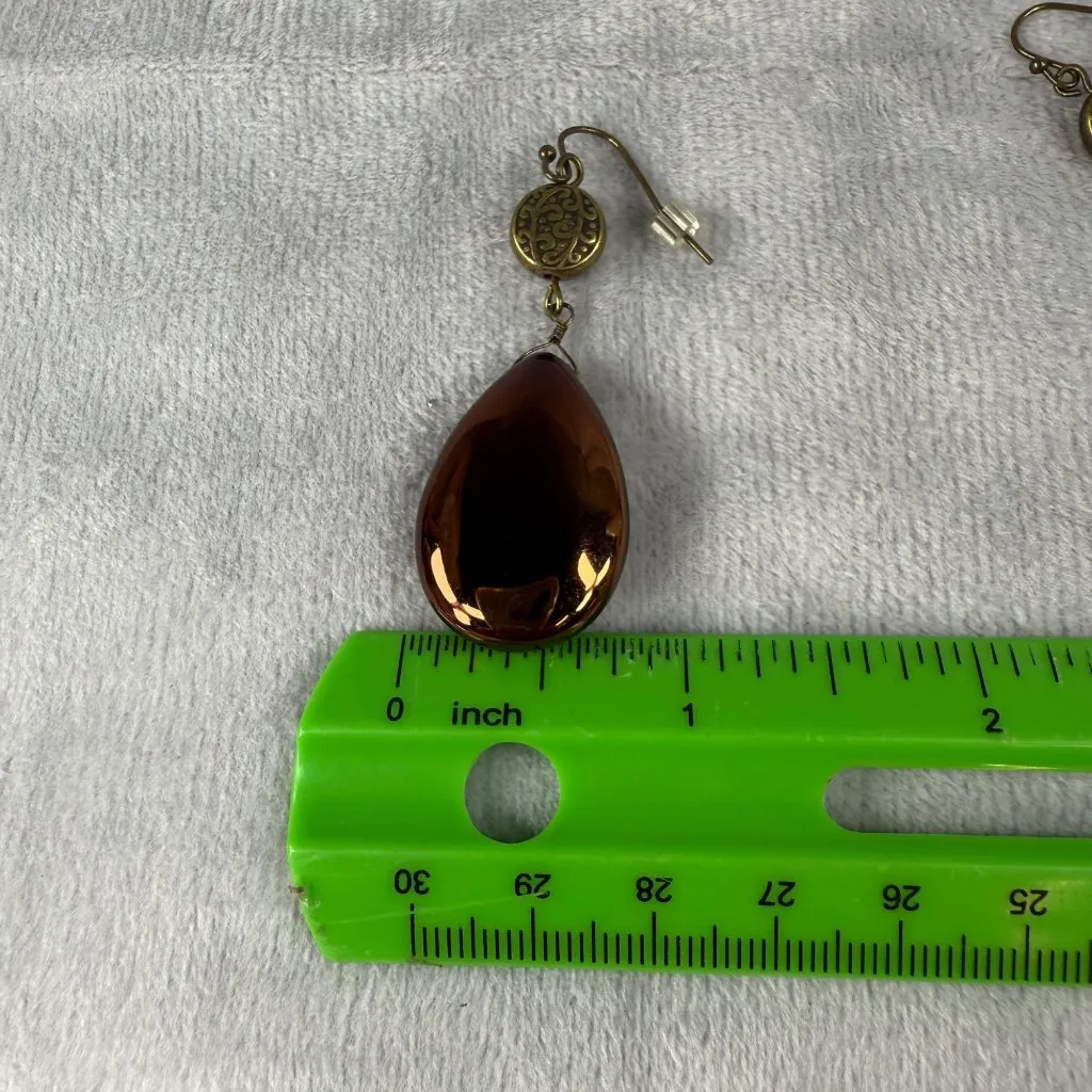 Vintage Boho Copper Amber Glass Teardrop Pierced Spiral Earrings Set Fall Colors Brown - Image 9