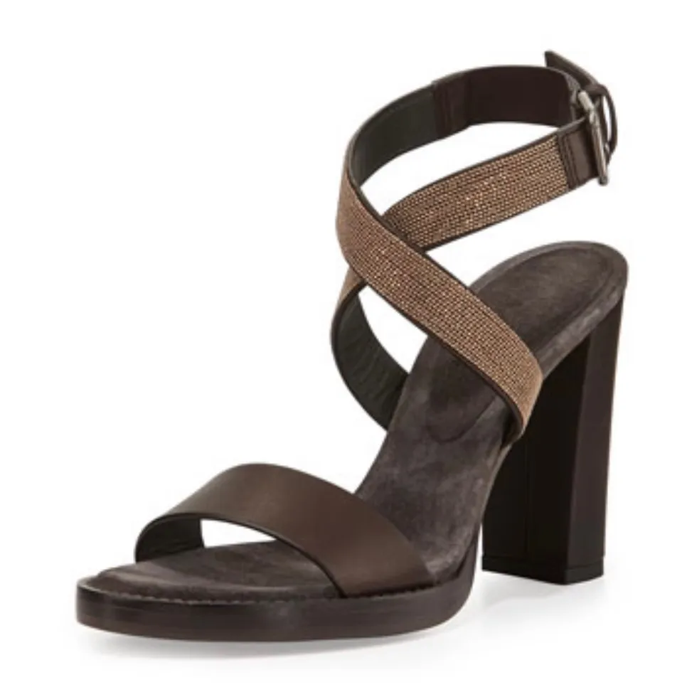 BRUNELLO CUCINELLI Halter-Wrap Monili Chain High-Heel Sandal, Espresso - Image 1