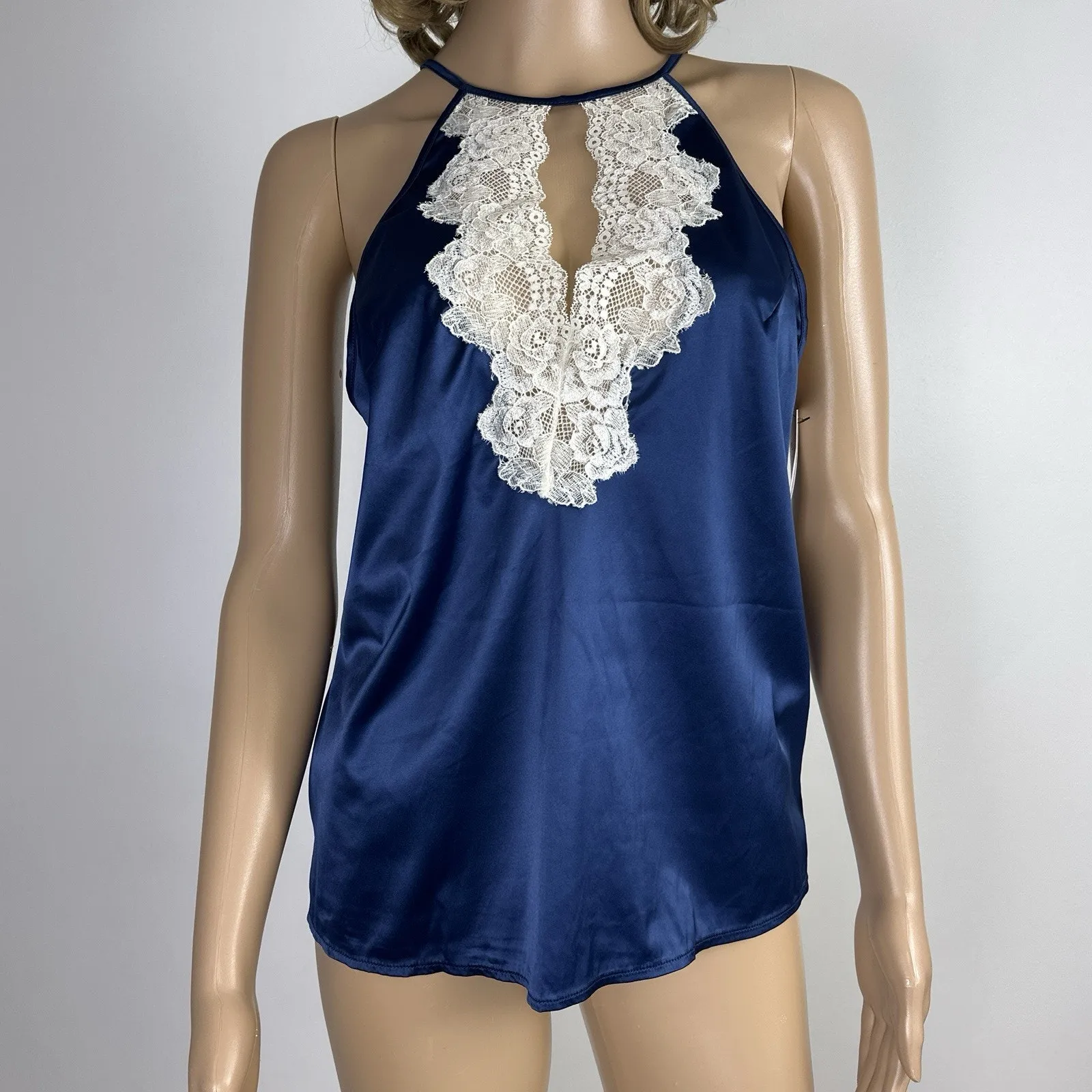 Oh La La Cheri Satin Camisole Cream Lace Flutter Open Back Halter Large New NWT Blue - Image 2