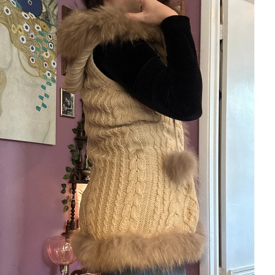 Fur Trim Linda Richards Luxury Beige Womens Collar Cable Knit Sweater Vest Sz XS Tan - Image 8