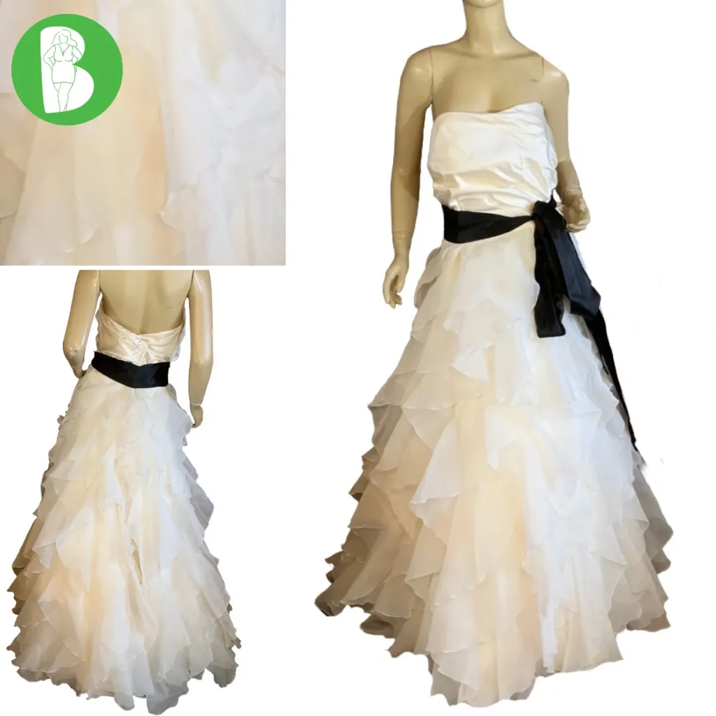 PALOMA BLANCA IVORY SILK & BLEND RUFFLED STRAPLESS GOWN W/BLACK SASH (18) Black - Image 2