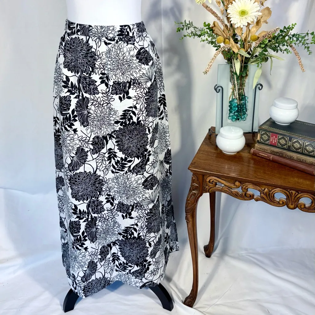 Hot Cotton Linen Maxi Skirt Black White Floral Print Double Side Slits Sz M💚 Size M - Image 2