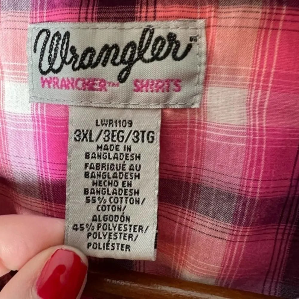 Wrangler Top 3XL Button-Front Western Shirt Pink Orange Plaid Pearl Snap Women's - Image 7