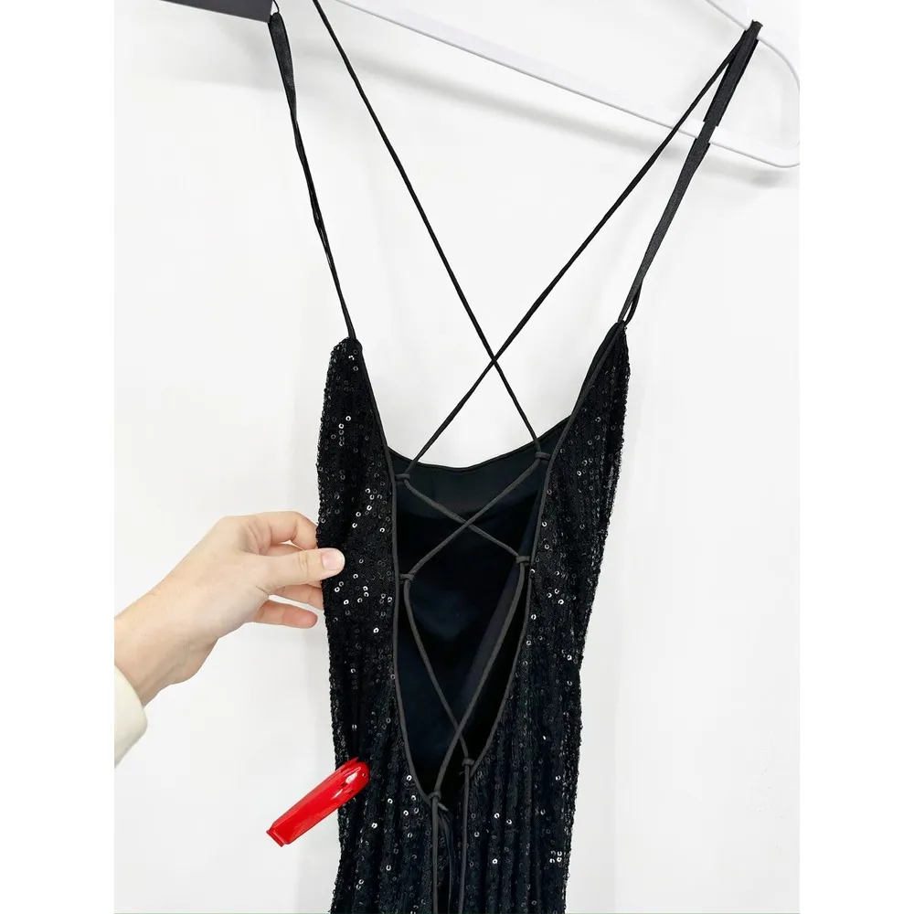 Mac Duggal 26269 Black Stretch Sequin Lace Up Back Evening Gown Size 8 - Image 6