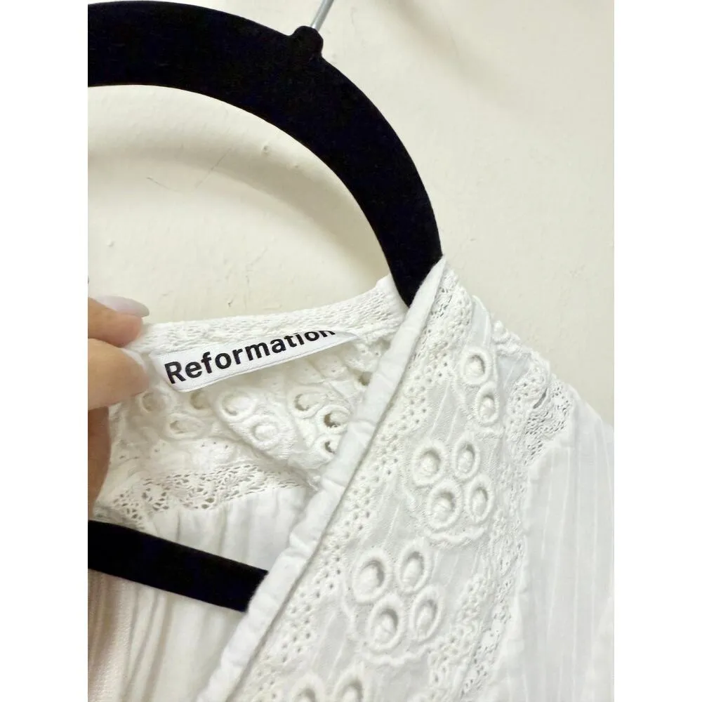 Reformation Cecille Embroidered 3/4 Sleeve Tie Front Mini Dress White Women's 10 - Image 4