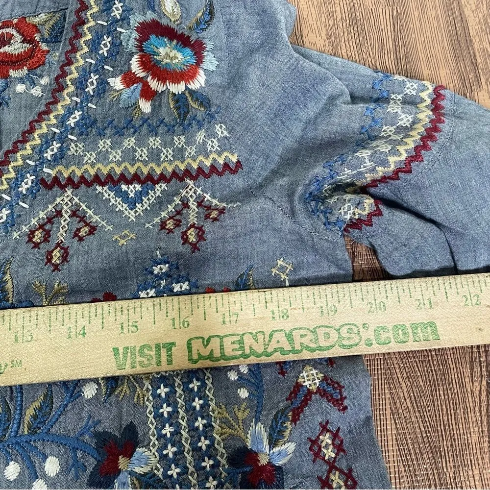 Johnny Was Workshop Chambray‎ Peasant Top
Small Embroidered Bell Sleeves Small - Image 7