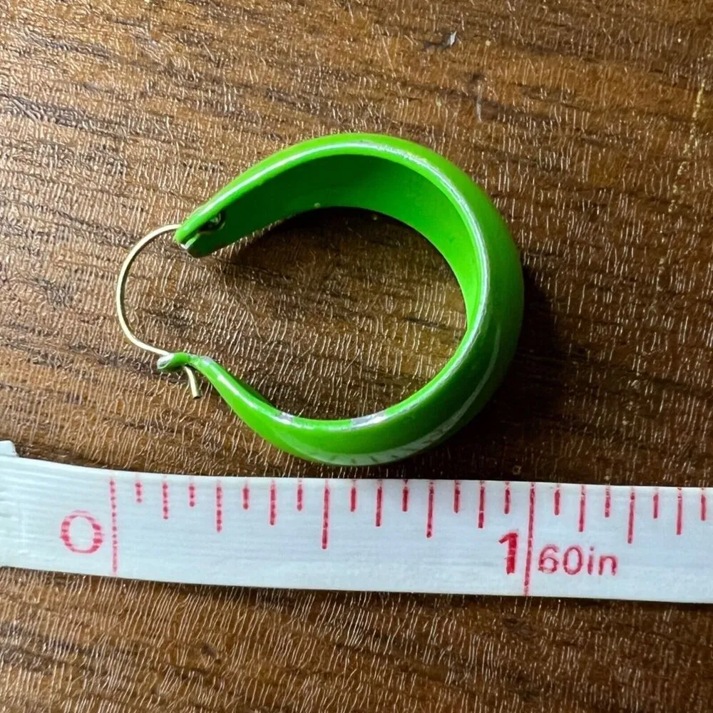 Vintage Womens Retro Hoop Earrings 70s 80s Neon Green Metal - Image 8