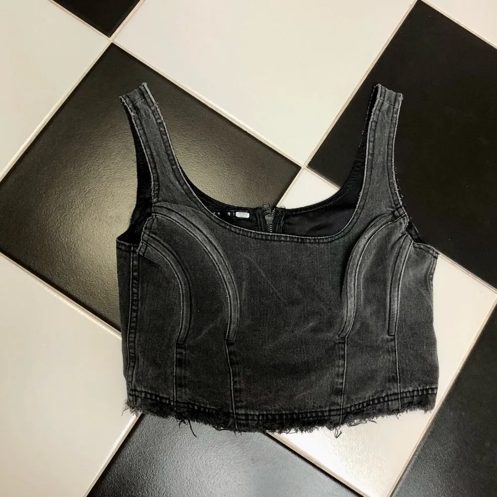 Crimez Corset X Rated Crop Top Washed Denim Black Dark Grey Coquette sz L - Image 6
