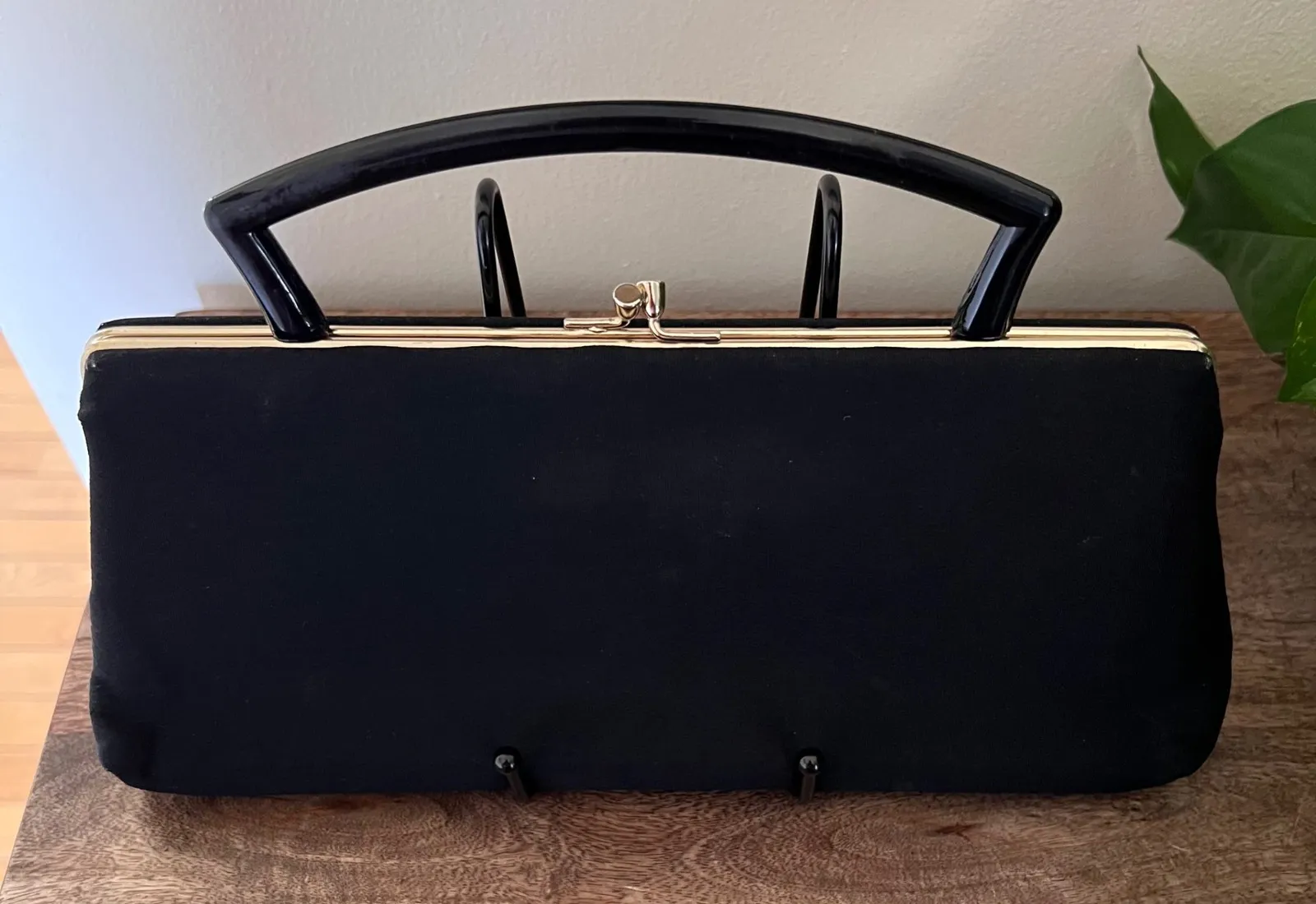 Vintage HL Black Handbag Top Handle Gold Frame Structured Clutch Purse Formal - Image 1