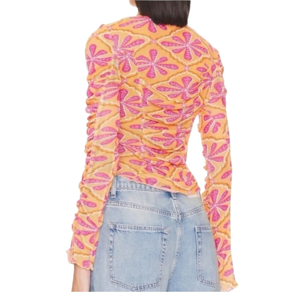 Free People Through The Meadow Ruched Mesh Orange & Pink Floral Long Sleeve Top - Image 5