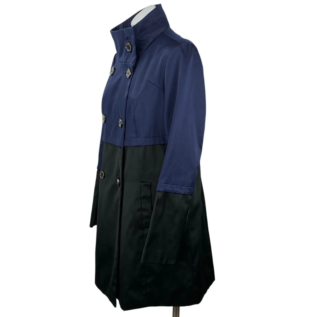 TAHARI Anya Blue Black Colorblock Satin Double Breasted Trench Coat Jacket Sz S - Image 2