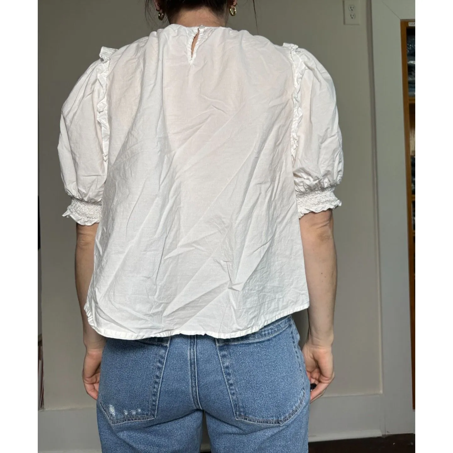 BOHERA White Boho 100% Cotton Puff Sleeve Embroidered Shortsleeve Top Size Large - Image 2