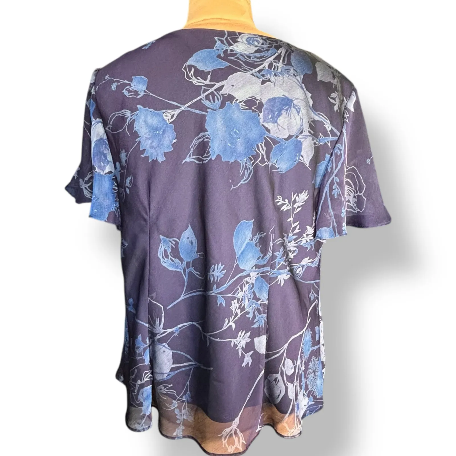 Vintage 90s Woman Blue Floral Sheer Overlay Blouse Plus Size 22W Made in USA - Image 5