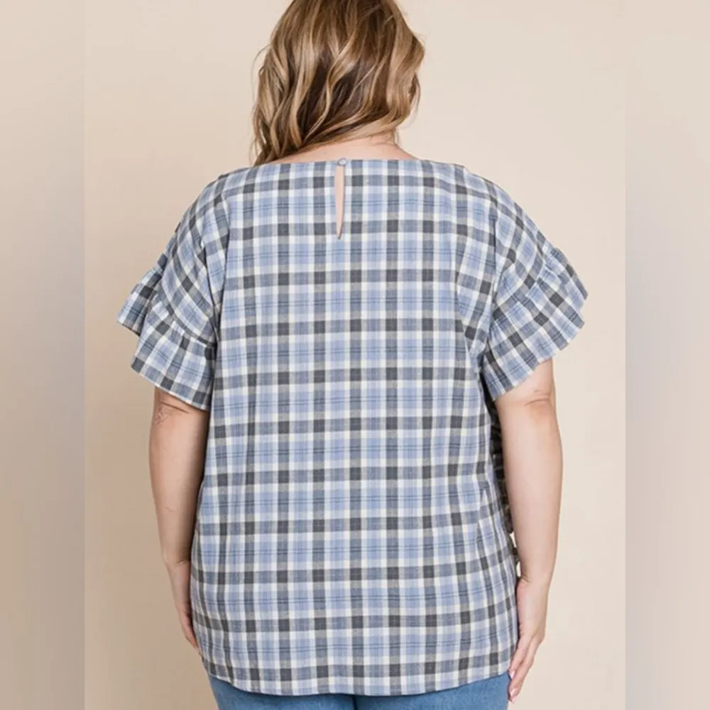 Plus Size Cotton Yarn Dyed Checker Ruffle Sleeve Top Blue - Image 4