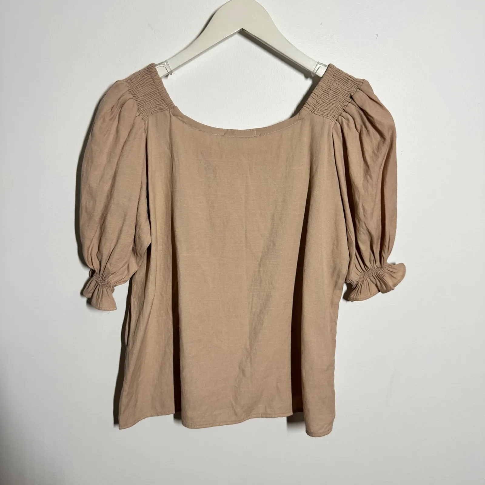 Bridgers Coastal Boho Minimal Top Women M in Sand Tan Beach Modest Puff Sleeve Size M - Image 2