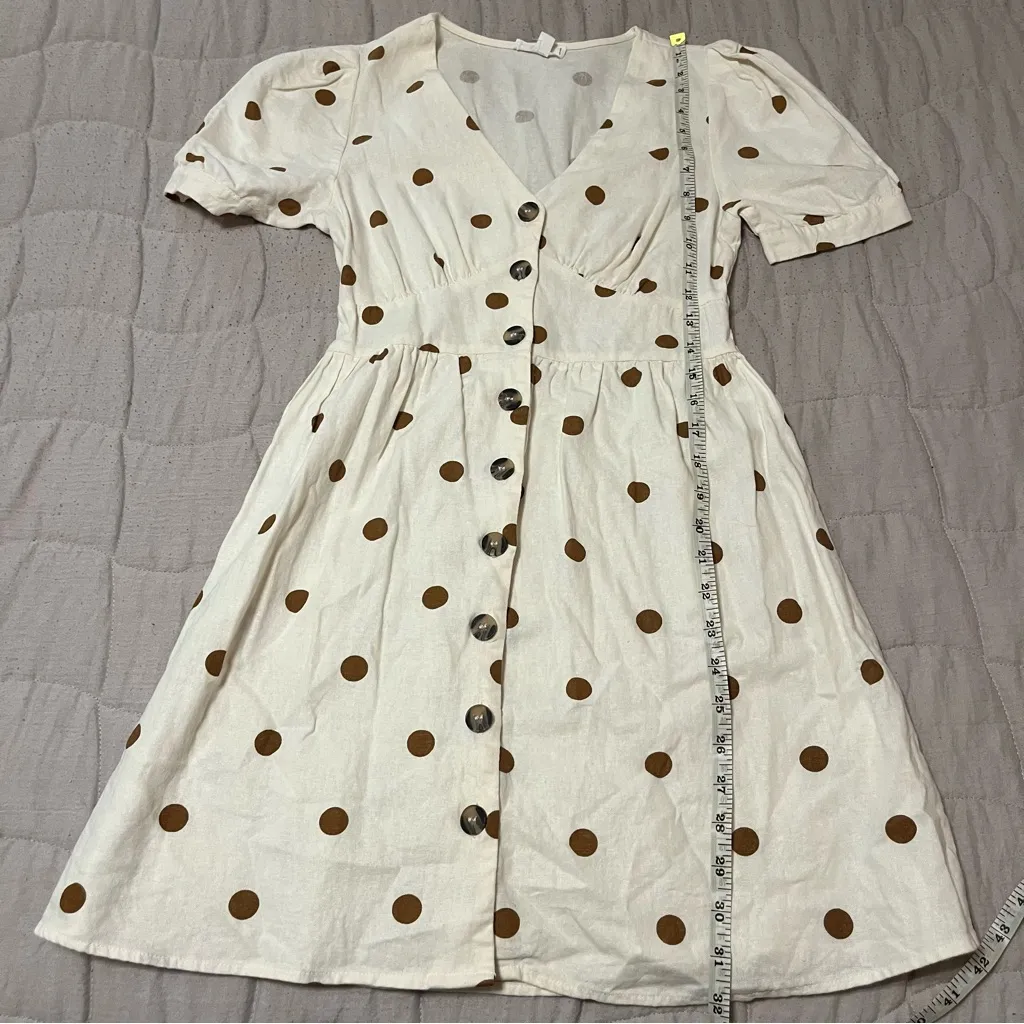 MINE Cream and Brown Polka Dot Linen Mini Puff Sleeve Dress - Image 6