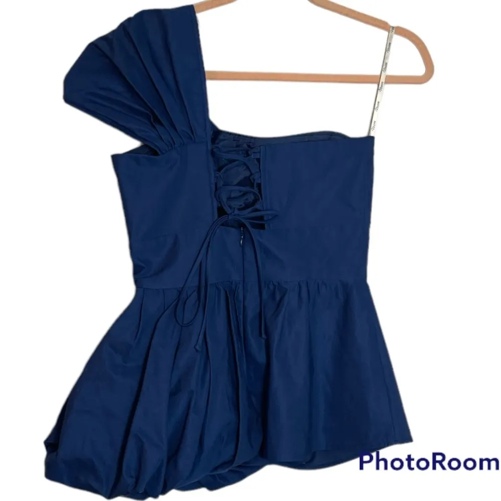 Voom Blue One Shoulder Pin Up Rockabilly Peplum Top Size Medium - Image 2