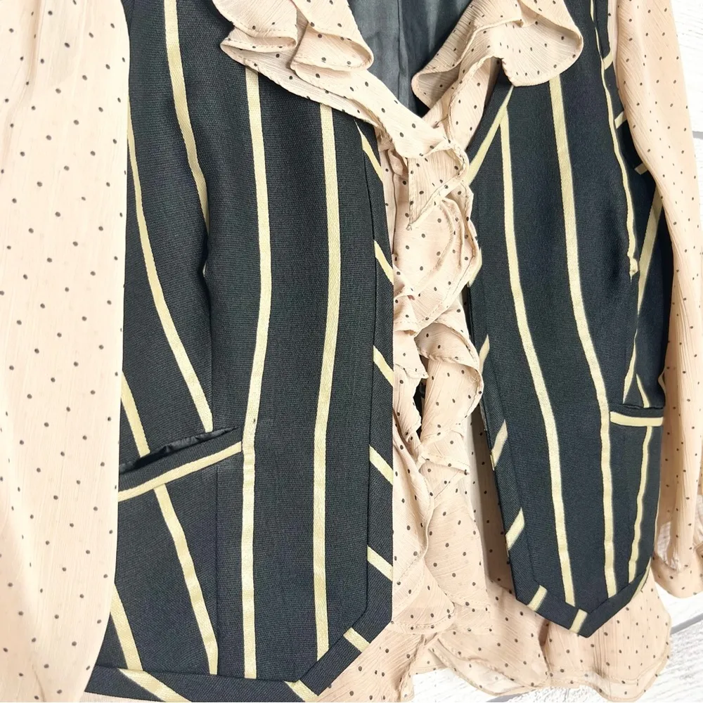 ECI Beige Polka Dot Black & Gold Striped Ruffle Blouse Vest Top Size 12 - Image 5