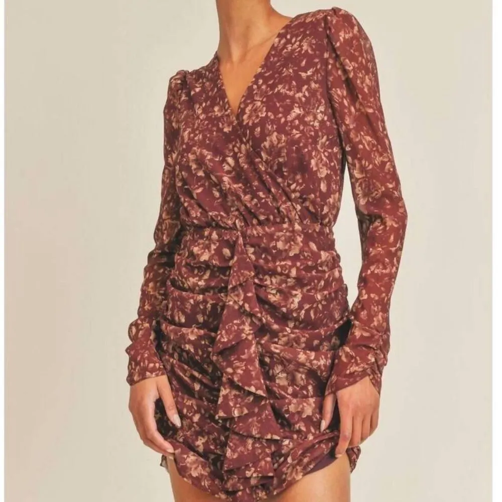 Save The Label Aura Beige/Brown Base Abstract Print Ruched Long Sleeve Dress-M - Image 13