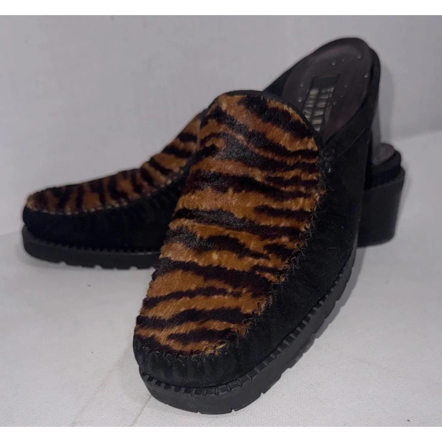90s Y2K Vintage Stuart Weitzman Block Heel Fur Zebra Chocolate Brown Mules Sz 8B - Image 5