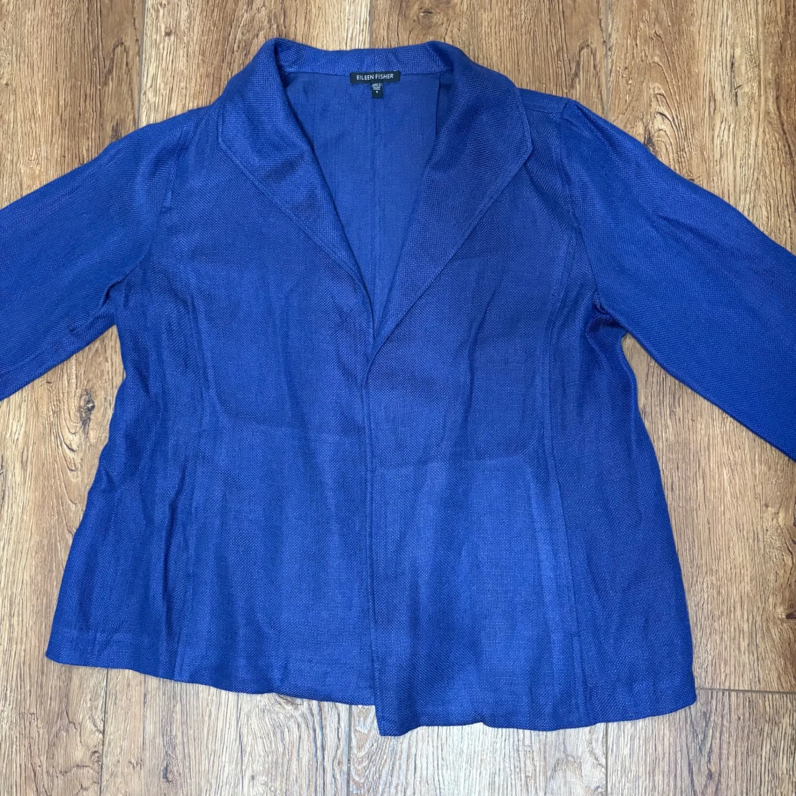 EILEEN FISHER Royal Blue Linen Open Front Blazer Jacket Womens Small Career Chic - Image 2