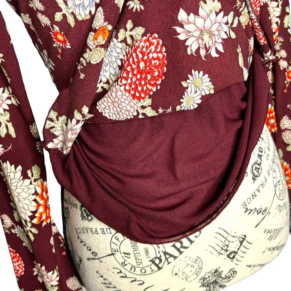 Old Navy MEDIUM Maroon Floral Empire Waist V-Neck Bust Detail Blouse Top - Image 8