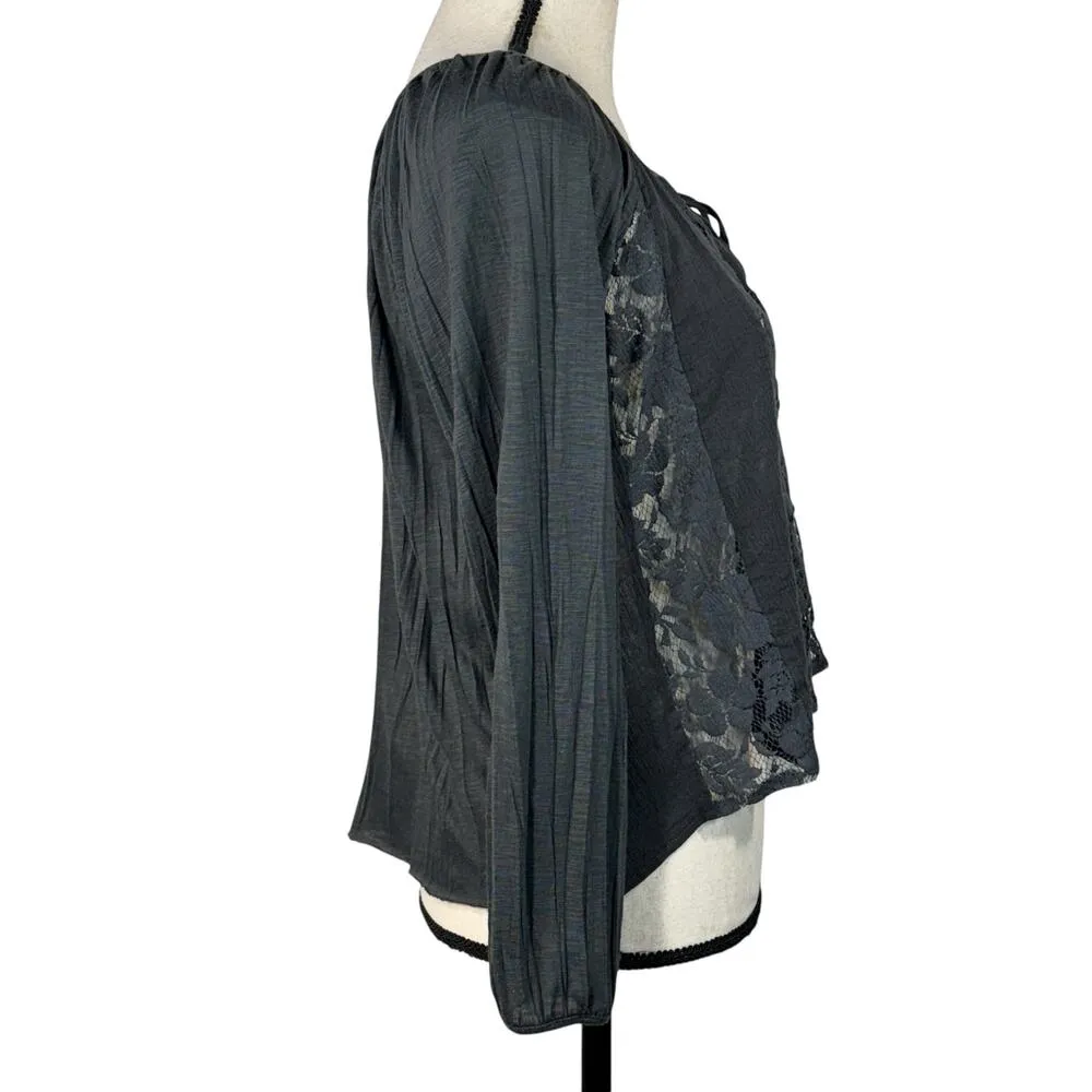 American Eagle Small Top Button-Up Floral Lace Long Sleeve Stretch Hi-Low Hem - Image 5