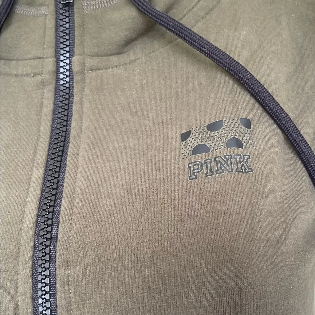 Pink Victoria's Secret Tops Pink Olive Army Green Zipper Hoodie Sweatshirt - Image 5