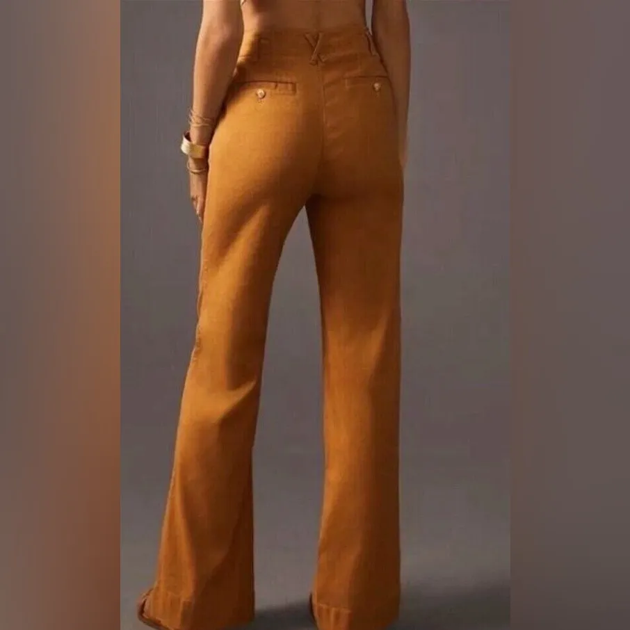 Anthropologie Maeve Linen Blend Wide Leg Button Fly Pants Tobacco Brown - Image 3