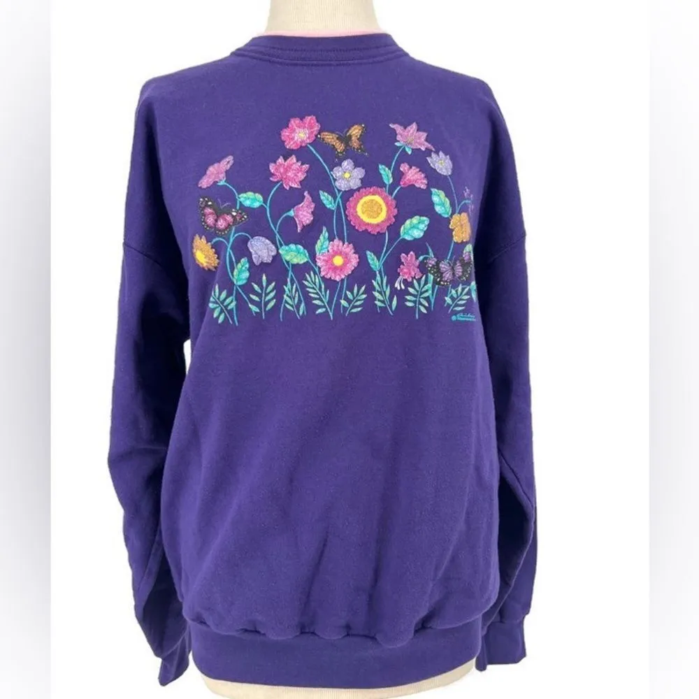 Vintage 90s Flowers Grandma Morning Sun Sweatshirt Made in USA Large‎ Purple - Image 2