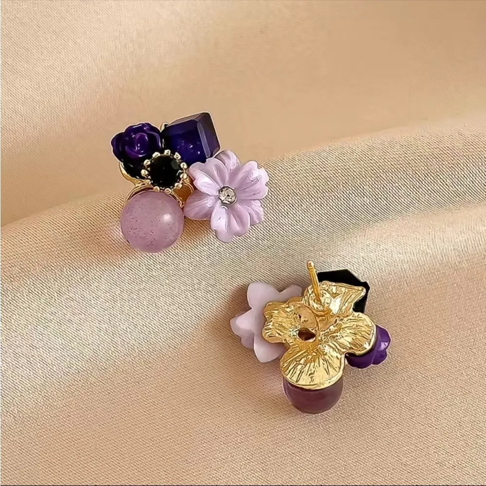 Purple Shiny Flower Shape Stud Earrings Inlaid Shiny Zircon Faux Fashion Jewelry Gold - Image 6