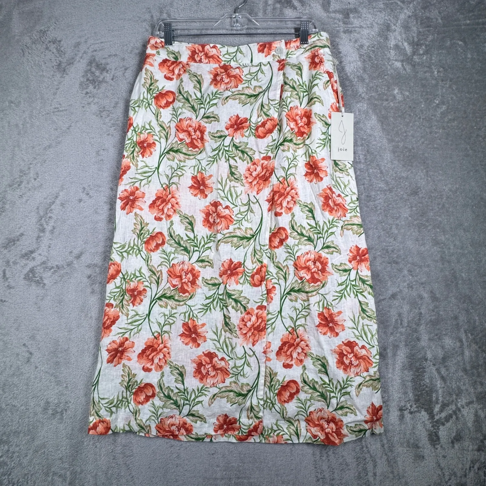 Joie Linen Skirt Womens L White Red Green Floral Midi‎ Summer Boho Chic Resort - Image 3