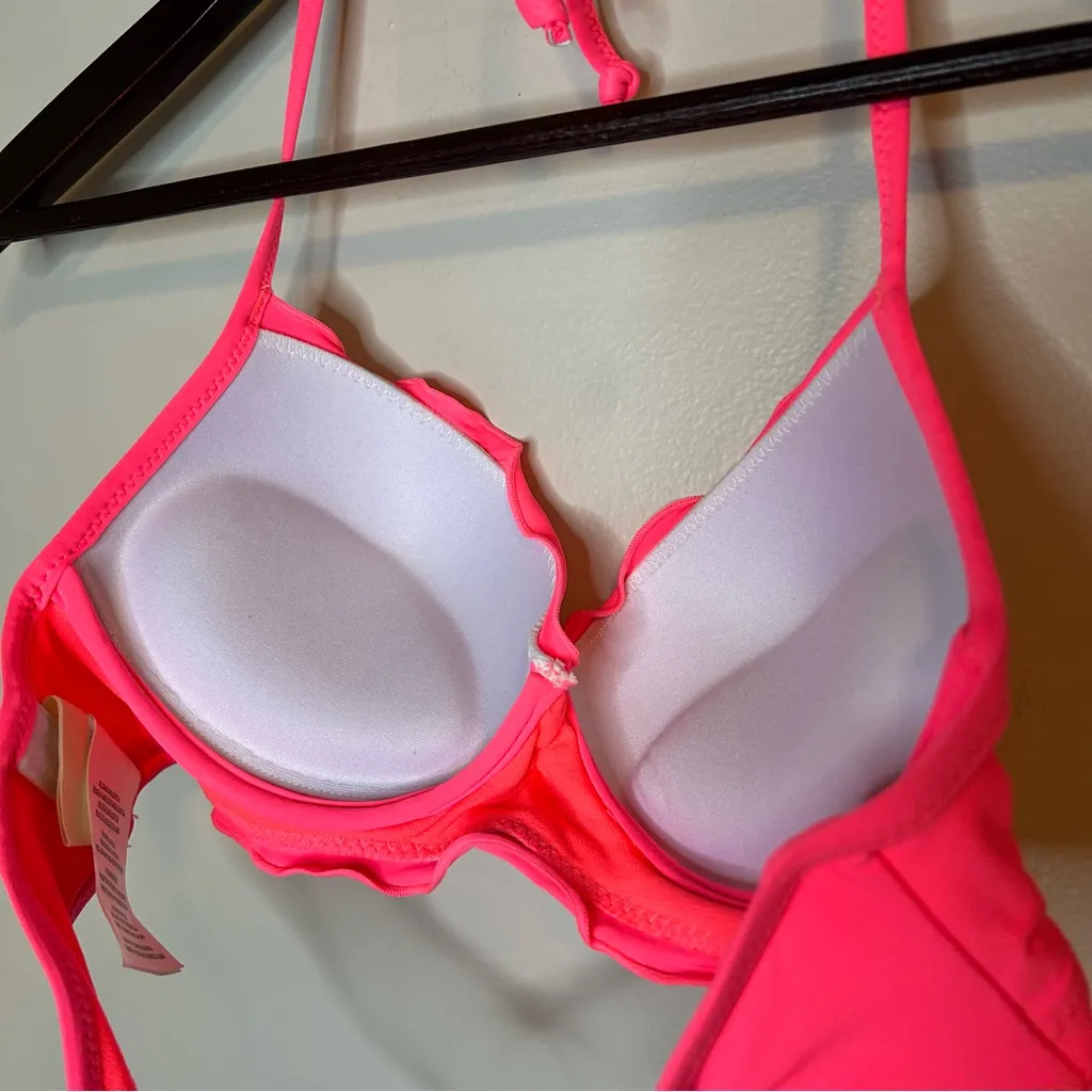 Hobie Neon Hot Pink Bikini Top Solids Push Up Ruffled Underwire Halter Medium - Image 8