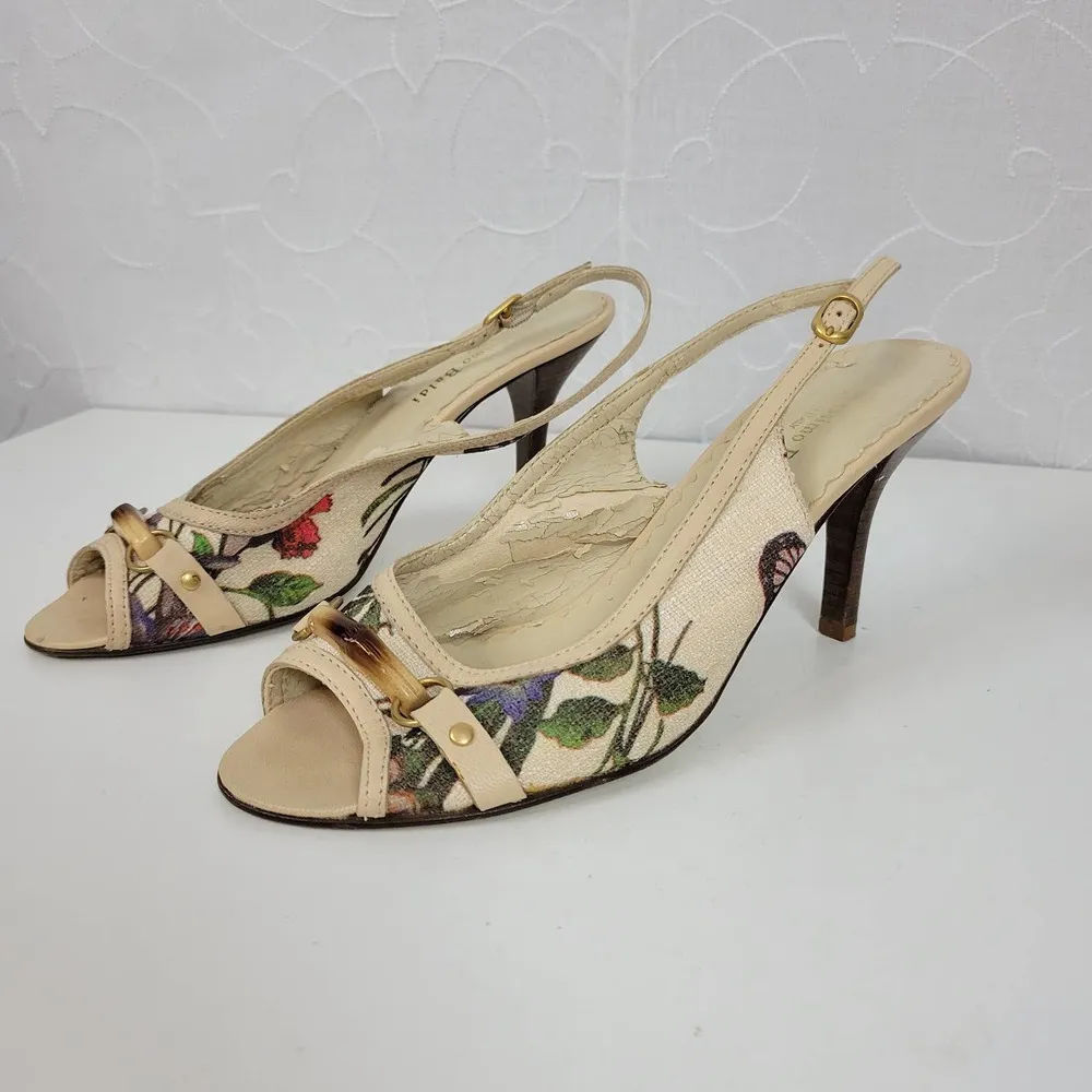Massimo Baldi Womens Sandals Size 6.5 Cream Floral Open Toe Slingback Heels - Image 38