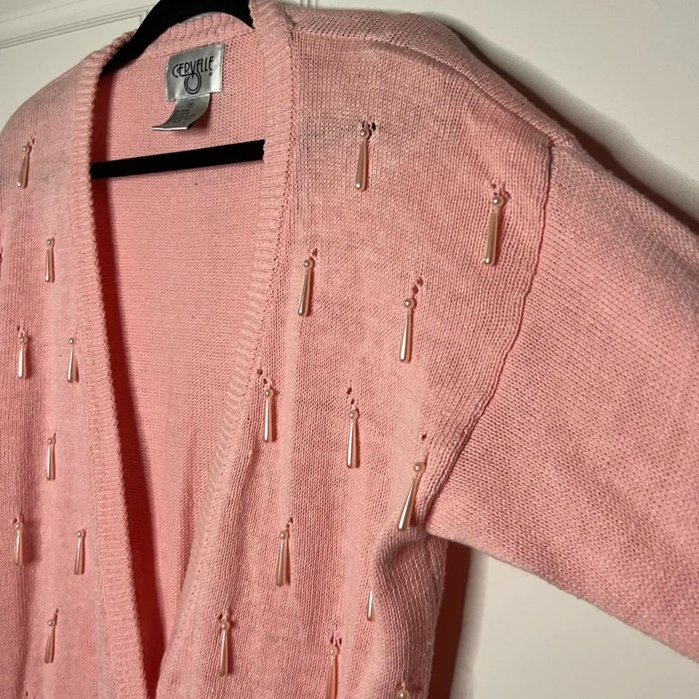 Vintage Pink Beaded Cardigan Coquette Balletcore Knit Sweater - Image 5