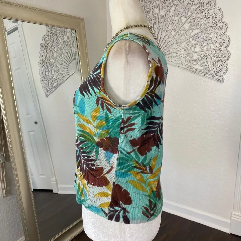 Early 2000's Green Brown Cotton Palm Tree Floral Sequin Hawaiian Cami Tank Top S - Image 4