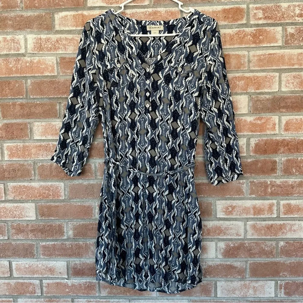 Ariat Dyna Belted Shirt Dress Southwest Print Geometric Women’s Small Blue - Image 2