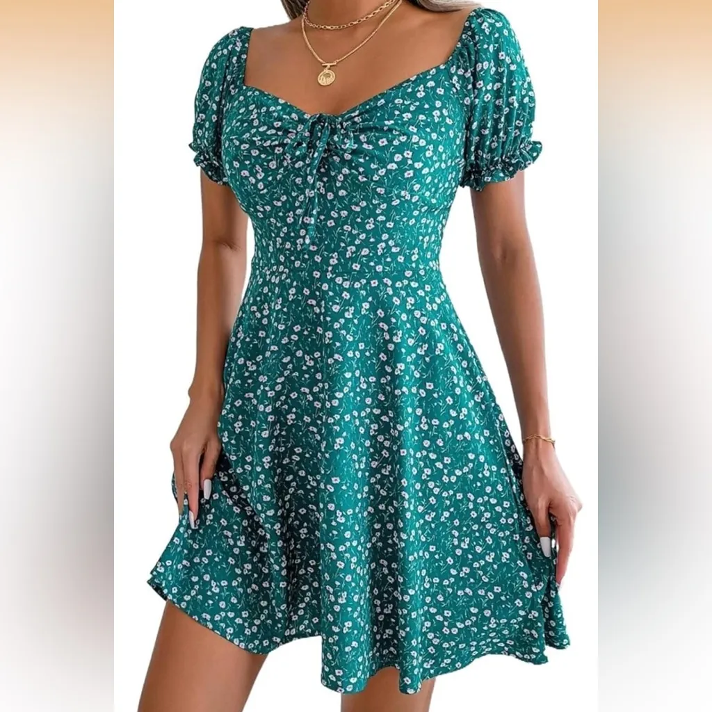 Off Shoulder Mini Dress Green Ditsy Floral Sweetheart Neck Size M - Image 2